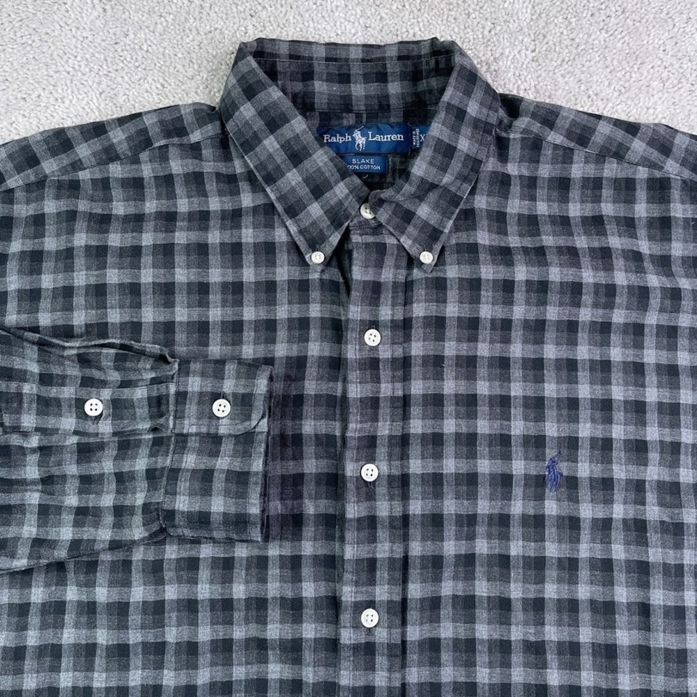 Vintage Ralph Lauren Shirt Mens XL Grey Checkered Blake Cotton Button Down